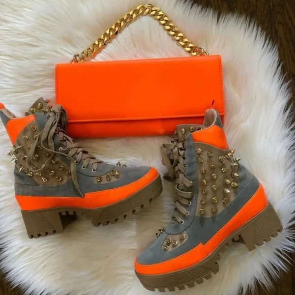 Cape Robbin Orange and Gray Studded Combat Boots - Picture 1 of 10